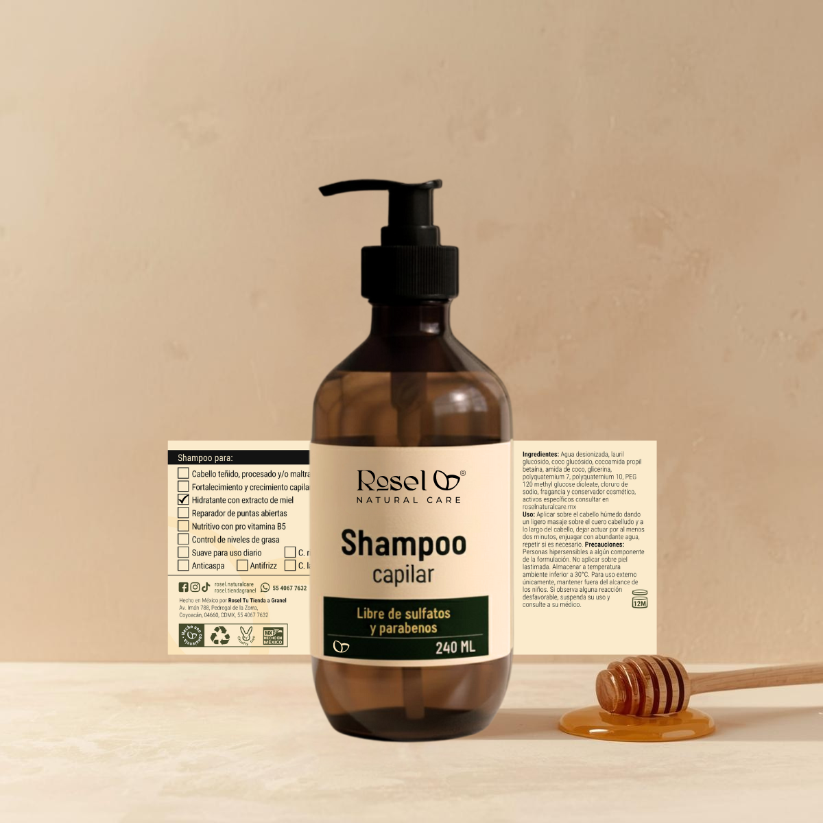 Shampoo Hidratante con Extracto de Miel: Suavidad, Brillo Familiar y Cero Sulfatos (240 ml)