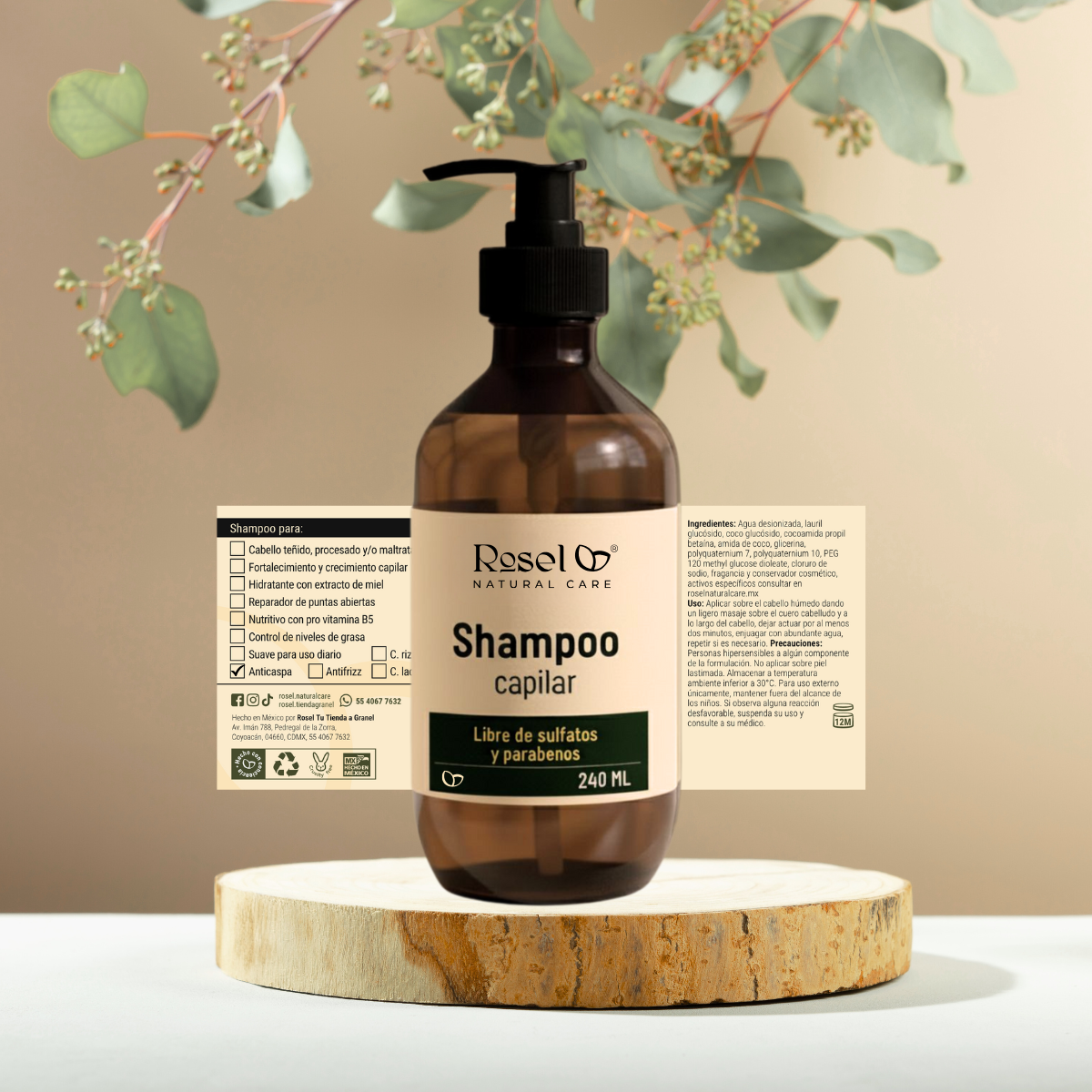 Shampoo Control de Caspa: 5 Aceites Esenciales y Extractos Herbales (240 ml)