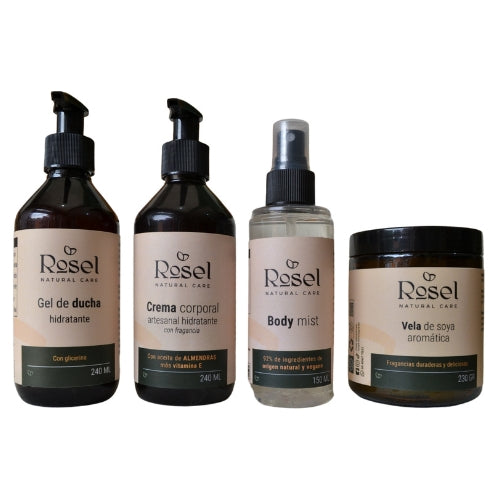 Kit corporal vela: gel de ducha 240ml, crema artesanal corporal 240ml, body mist 150ml, vela aromática 230grs