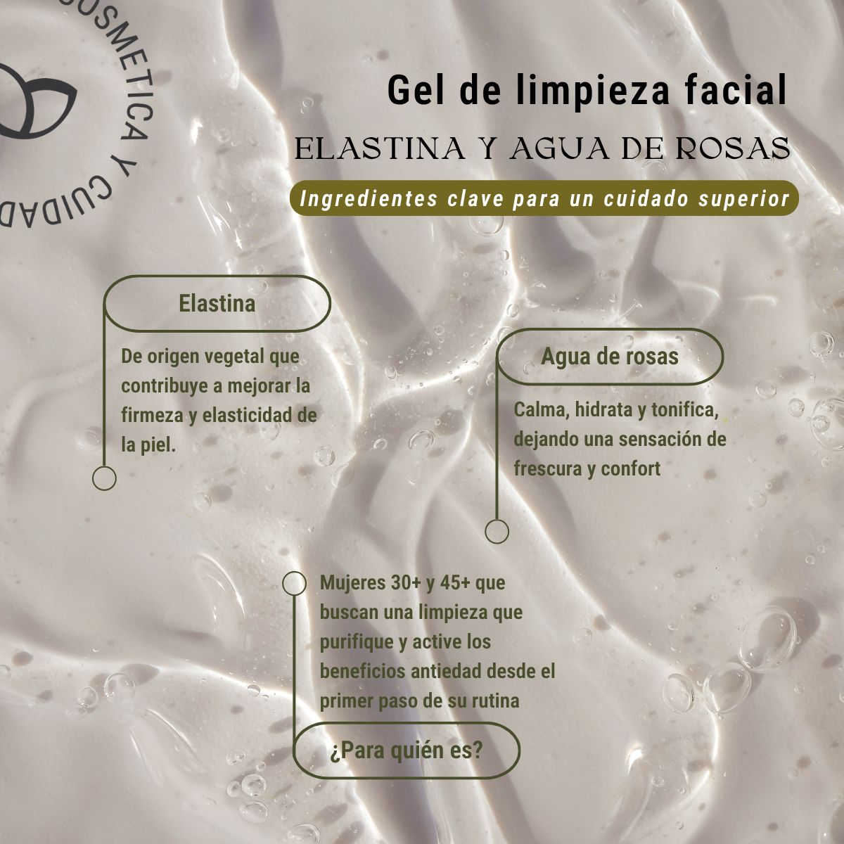 Gel de limpieza facial con elastina y agua de rosas (Rutinas 30+ / 45+) 100ml