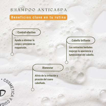 Shampoo Control de Caspa: 5 Aceites Esenciales y Extractos Herbales (240 ml)