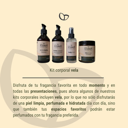 Kit corporal vela: gel de ducha 240ml, crema artesanal corporal 240ml, body mist 150ml, vela aromática 230grs