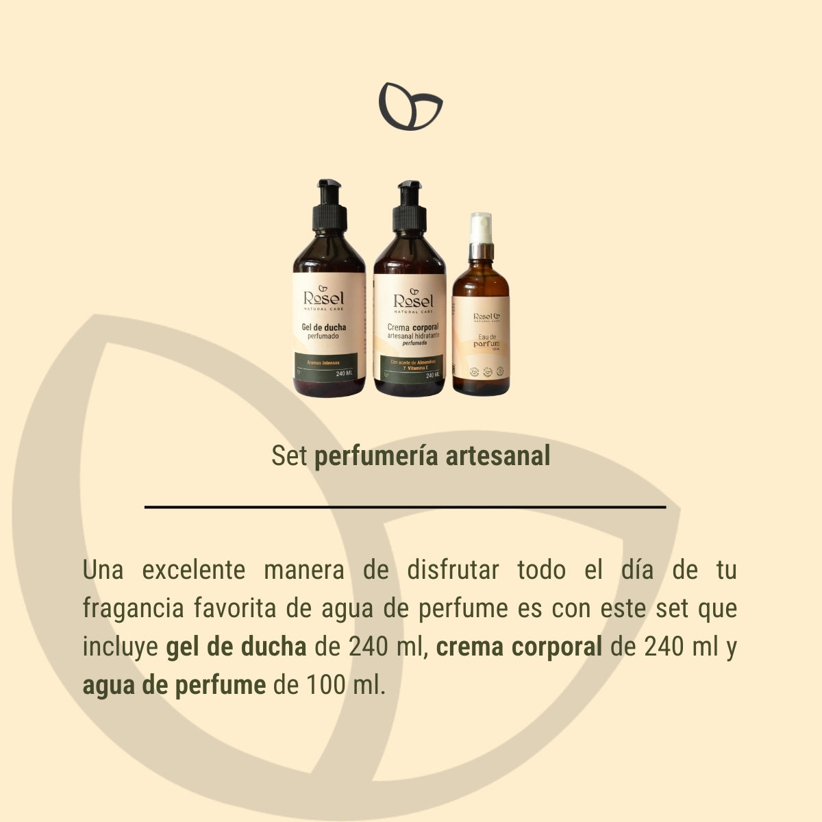 Set perfumería artesanal: agua de perfume 100ml, crema perfumada 240ml, gel de ducha perfumado 240ml
