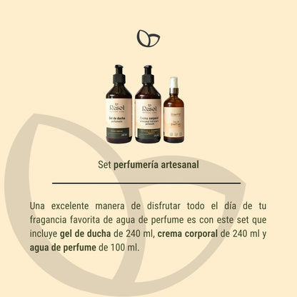 Set perfumería artesanal: agua de perfume 100ml, crema perfumada 240ml, gel de ducha perfumado 240ml