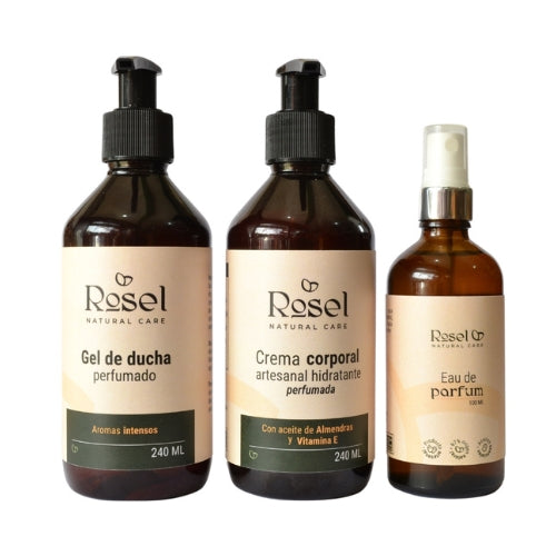Set perfumería artesanal: agua de perfume 100ml, crema perfumada 240ml, gel de ducha perfumado 240ml